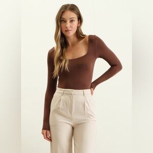 The Workshop Women's Seamless Square Neck Long Sleeve Bodysuit Size L Brown NWT